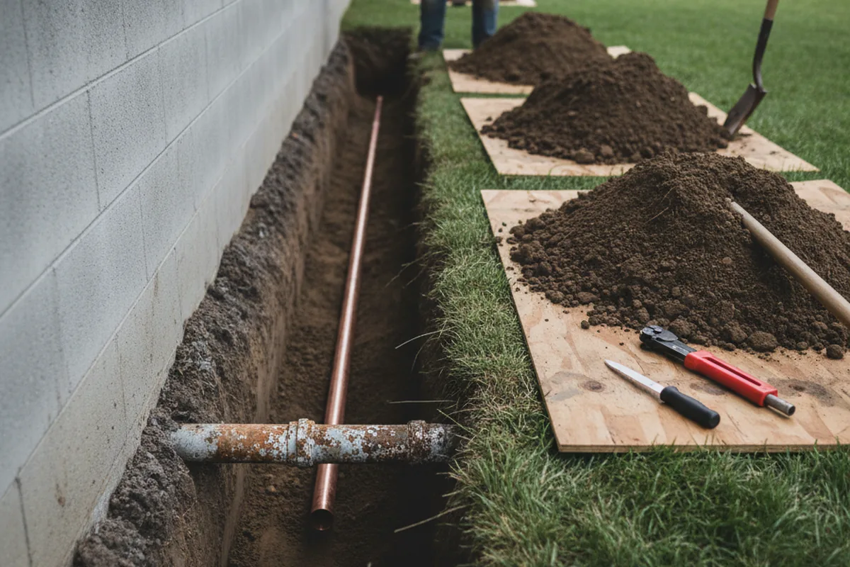 Excavated water line trench during Water Heater Repair in Osage